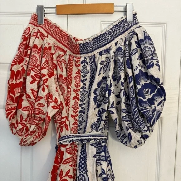 FARM Rio Mixed Pineapple Garden Off the Shoulder Mini Dress Red & Blue Medium - Picture 6 of 10